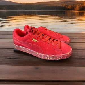 Puma Suede Mono Triplex Lace Up Kids Red Paint Splatter Sneakers Casual Shoes